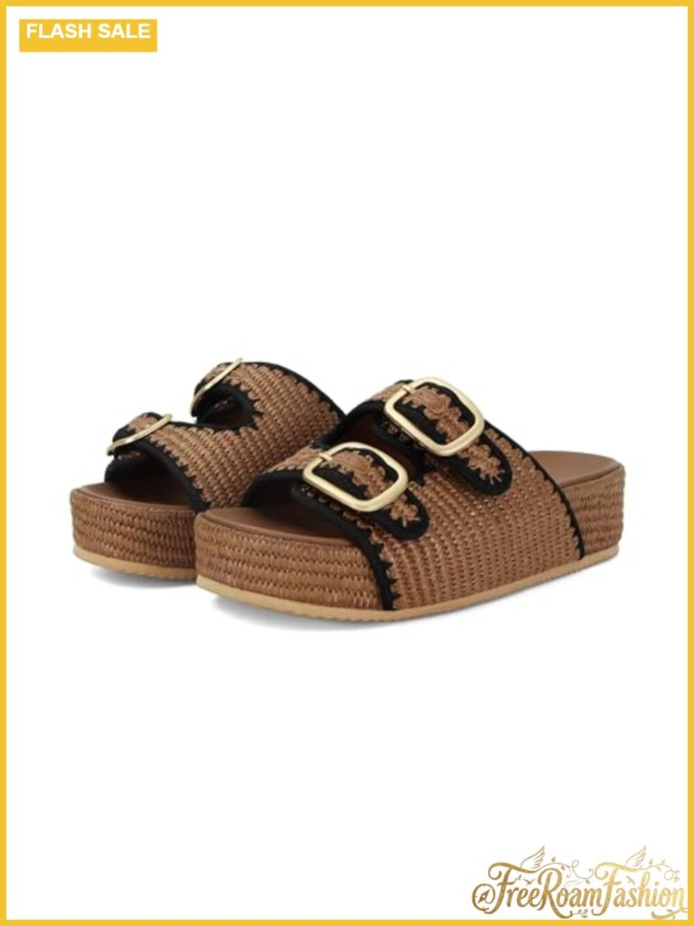 Raffia Platform Slide Sandals Woven Adjustable Double Buckle Espadrille